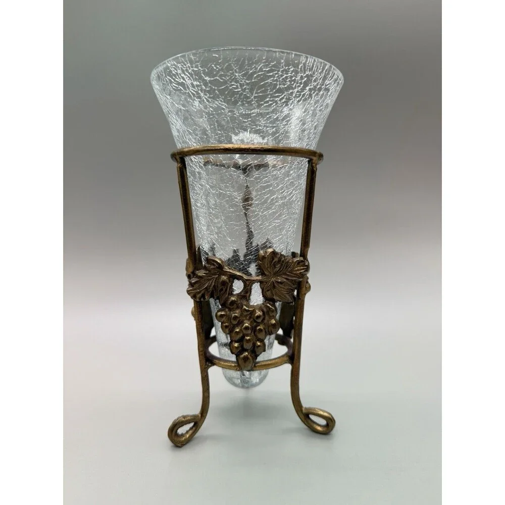 Vtg Pier 1 Hollywood Regency Crackle Glass Trumpet Vase Footed Brass Grape Stand